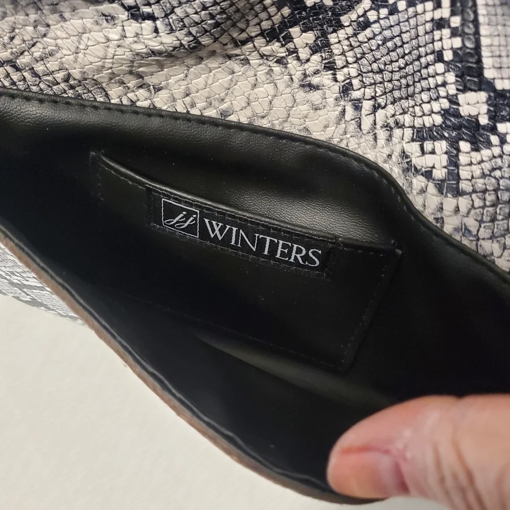 JJ Winters Black Gray White Snakeprint Clutch, Snap Close